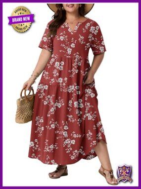 Plus Size Maxi Dress with Pockets V-Neck Flowy Boho Summer Vacation